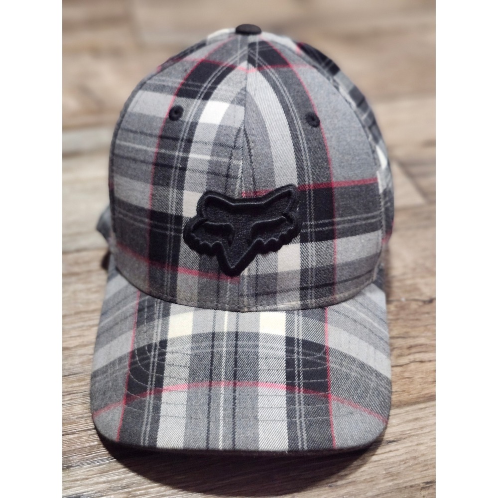 Fox Racing Kid Plaid Baseball Cap Grey Black Small Embroidered Fox Head Logo Hat